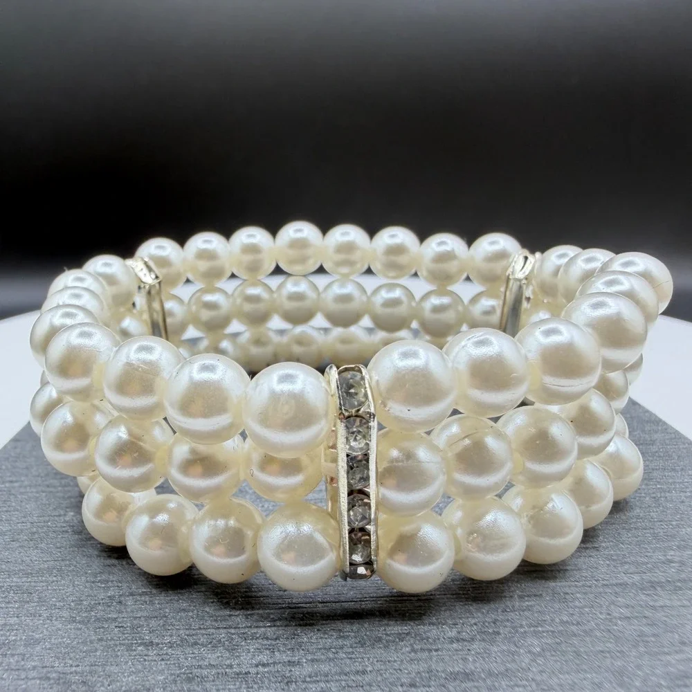 Three Strand Faux Pearl Rhinestone Stretch Bracelet Cuff Cream Statement Jewelry